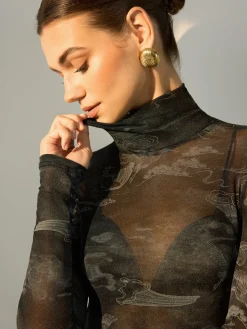 COMMENSE Blouses & Shirts|Tops^Mock Neck Printed Semi-Sheer Blouse Grey