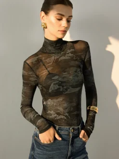 COMMENSE Blouses & Shirts|Tops^Mock Neck Printed Semi-Sheer Blouse Grey