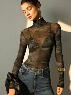 COMMENSE Blouses & Shirts|Tops^Mock Neck Printed Semi-Sheer Blouse Grey