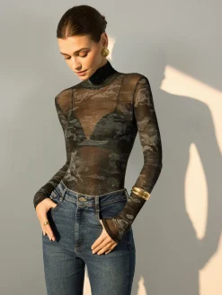 COMMENSE Blouses & Shirts|Tops^Mock Neck Printed Semi-Sheer Blouse Grey