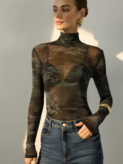 COMMENSE Blouses & Shirts|Tops^Mock Neck Printed Semi-Sheer Blouse Grey