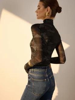 COMMENSE Blouses & Shirts|Tops^Mock Neck Printed Semi-Sheer Blouse Grey