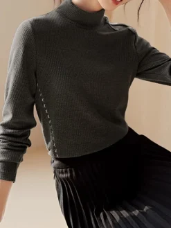 COMMENSE T-shirts|Tops^Mock Neck Ribbed Embroidered Trim T-Shirt Grey