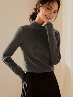 COMMENSE T-shirts|Tops^Mock Neck Ribbed Embroidered Trim T-Shirt Grey