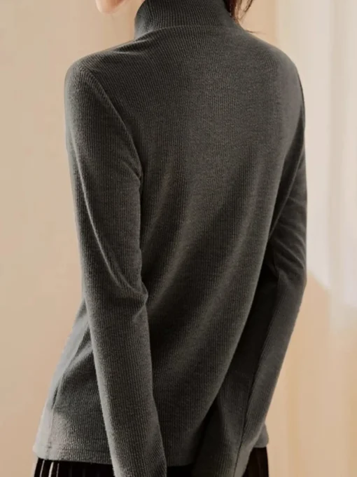 COMMENSE T-shirts|Tops^Mock Neck Ribbed Embroidered Trim T-Shirt Grey