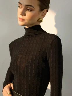 COMMENSE Blouses & Shirts|Tops^Mock Neck Semi-Sheer Slim Blouse Black