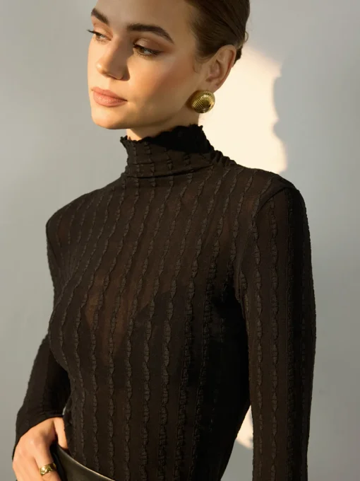 COMMENSE Blouses & Shirts|Tops^Mock Neck Semi-Sheer Slim Blouse Black