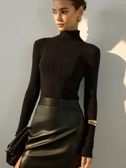 COMMENSE Blouses & Shirts|Tops^Mock Neck Semi-Sheer Slim Blouse Black