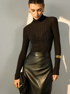COMMENSE Blouses & Shirts|Tops^Mock Neck Semi-Sheer Slim Blouse Black