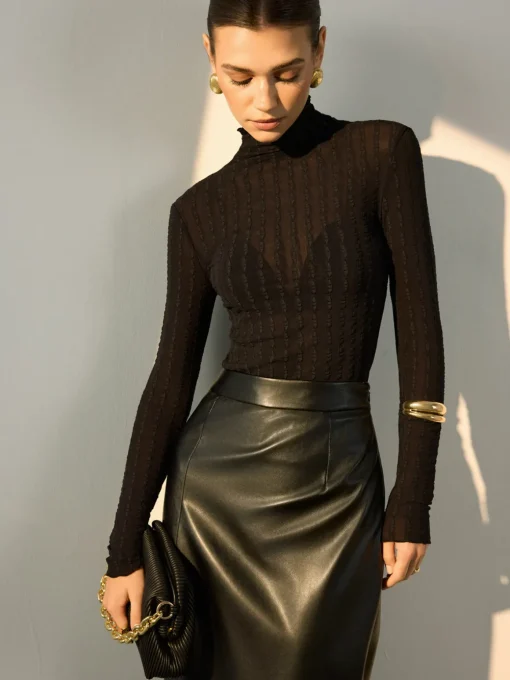 COMMENSE Blouses & Shirts|Tops^Mock Neck Semi-Sheer Slim Blouse Black