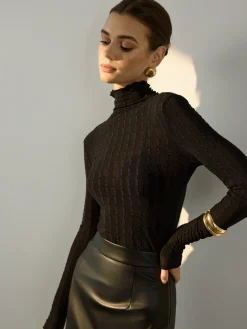 COMMENSE Blouses & Shirts|Tops^Mock Neck Semi-Sheer Slim Blouse Black