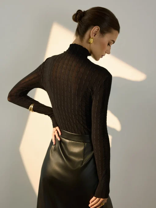 COMMENSE Blouses & Shirts|Tops^Mock Neck Semi-Sheer Slim Blouse Black