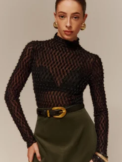COMMENSE T-shirts|Matching Sets^Mock Neck Semi-Sheer T-Shirt Black
