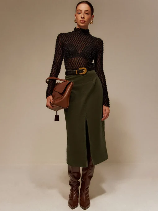 COMMENSE T-shirts|Matching Sets^Mock Neck Semi-Sheer T-Shirt Black