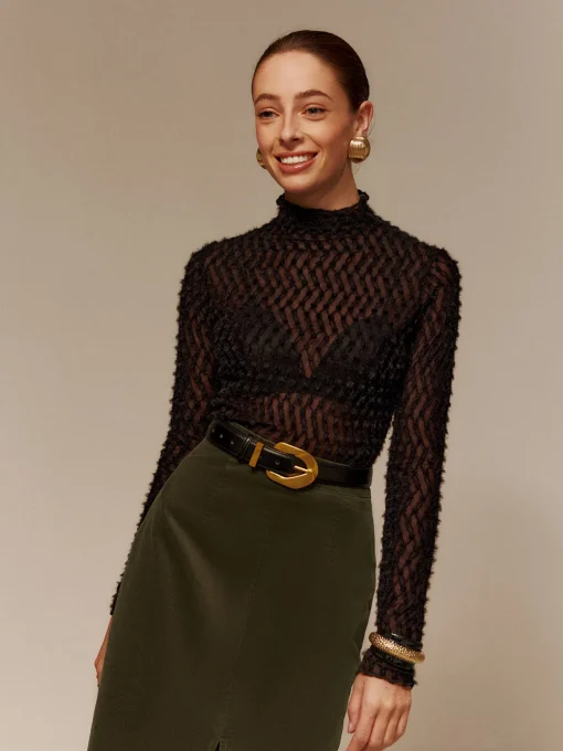 COMMENSE T-shirts|Matching Sets^Mock Neck Semi-Sheer T-Shirt Black