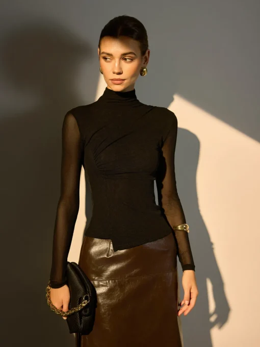 COMMENSE Blouses & Shirts|Tops^Mock Neck Sheer Sleeve Skinny Top Black