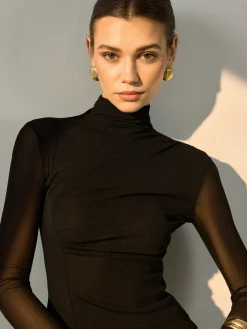 COMMENSE Blouses & Shirts|Tops^Mock Neck Sheer Sleeve Skinny Top Black