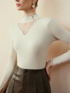 COMMENSE Blouses & Shirts|Tops^Mock Neck Sheer-Detail Slim Blouse Khaki