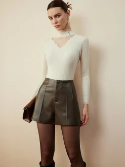 COMMENSE Blouses & Shirts|Tops^Mock Neck Sheer-Detail Slim Blouse Khaki