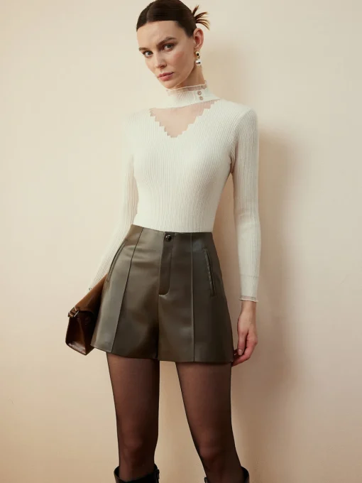 COMMENSE Blouses & Shirts|Tops^Mock Neck Sheer-Detail Slim Blouse Khaki