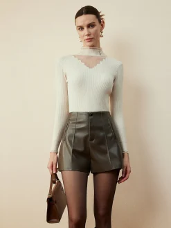 COMMENSE Blouses & Shirts|Tops^Mock Neck Sheer-Detail Slim Blouse Khaki