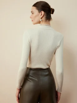 COMMENSE Blouses & Shirts|Tops^Mock Neck Sheer-Detail Slim Blouse Khaki
