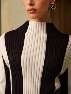 COMMENSE Knitwear|Tops^Mock Neck Two-Tone Pinstripe Ribbed Sweater Black