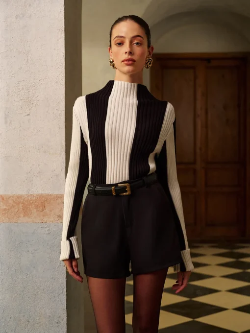 COMMENSE Knitwear|Tops^Mock Neck Two-Tone Pinstripe Ribbed Sweater Black