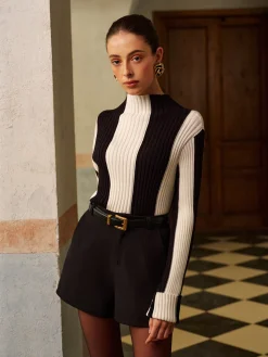 COMMENSE Knitwear|Tops^Mock Neck Two-Tone Pinstripe Ribbed Sweater Black