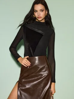 COMMENSE Tops^Mock Neck Velvet Mesh Slim Top Black