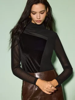 COMMENSE Tops^Mock Neck Velvet Mesh Slim Top Black