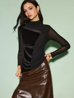 COMMENSE Tops^Mock Neck Velvet Mesh Slim Top Black