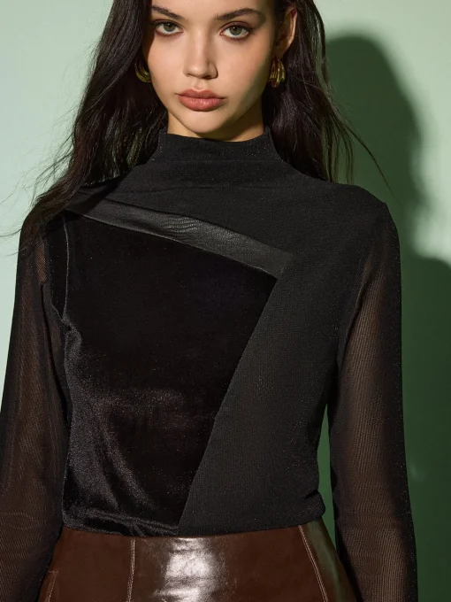 COMMENSE Tops^Mock Neck Velvet Mesh Slim Top Black