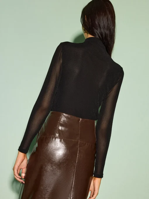 COMMENSE Tops^Mock Neck Velvet Mesh Slim Top Black