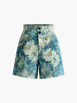 COMMENSE Shorts|Bottoms^Monet Garden High Waist Shorts Blue