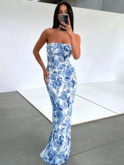 COMMENSE Casual Dresses|Floral Dresses^Multi Floral Split Long Dress Blue