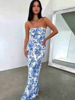 COMMENSE Casual Dresses|Floral Dresses^Multi Floral Split Long Dress Blue