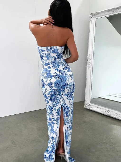COMMENSE Casual Dresses|Floral Dresses^Multi Floral Split Long Dress Blue