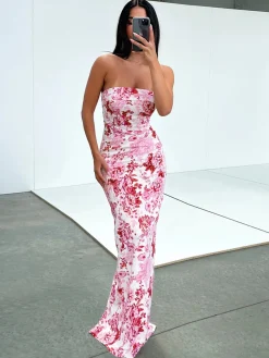 COMMENSE Casual Dresses|Floral Dresses^Multi Floral Split Long Dress Blue