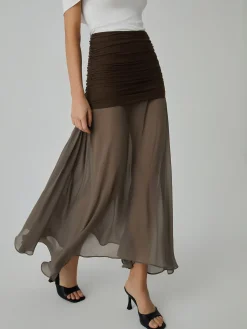 COMMENSE Skirts|Bottoms^Net Chiffon Patchwork Maxi Skirt DarkBrown