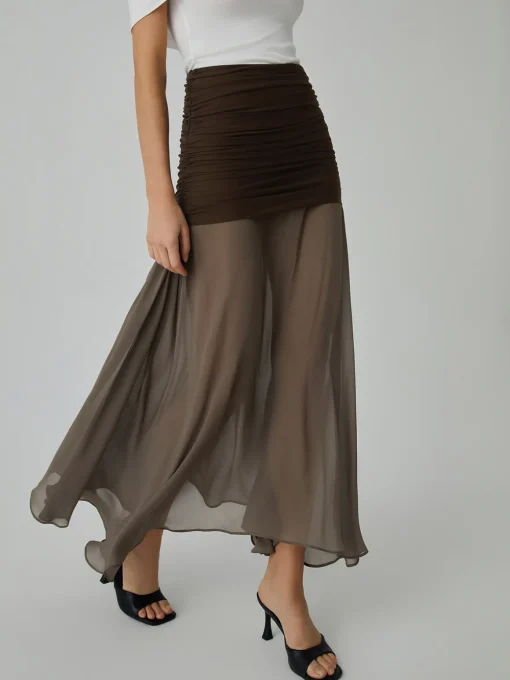 COMMENSE Skirts|Bottoms^Net Chiffon Patchwork Maxi Skirt DarkBrown