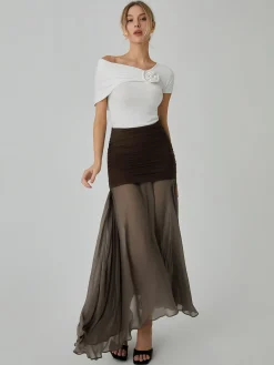 COMMENSE Skirts|Bottoms^Net Chiffon Patchwork Maxi Skirt DarkBrown