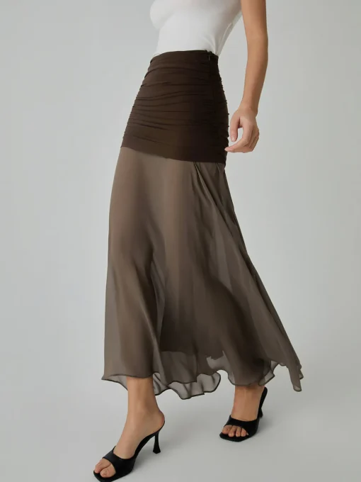 COMMENSE Skirts|Bottoms^Net Chiffon Patchwork Maxi Skirt DarkBrown