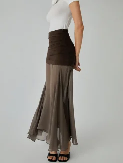 COMMENSE Skirts|Bottoms^Net Chiffon Patchwork Maxi Skirt DarkBrown