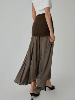 COMMENSE Skirts|Bottoms^Net Chiffon Patchwork Maxi Skirt DarkBrown
