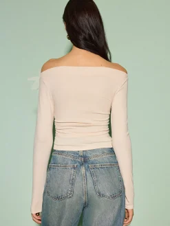 COMMENSE Tops^Off-Shoulder Asymmetrical Floral T-Shirt Apricot