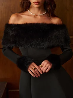 COMMENSE Dresses^Off-Shoulder Faux Fur Short Dress Black