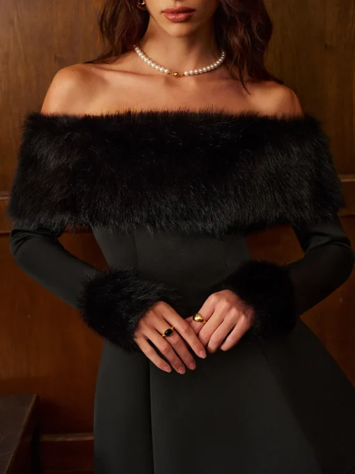 COMMENSE Dresses^Off-Shoulder Faux Fur Short Dress Black