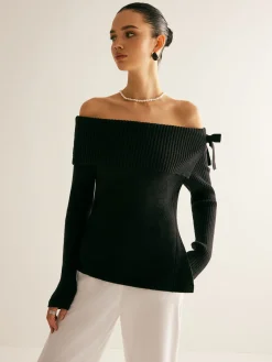 COMMENSE Sweater Tops|Sweaters & Cardigans^Off-Shoulder Ribbed Bow Slit Sweater Black