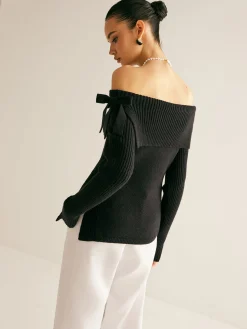 COMMENSE Sweater Tops|Sweaters & Cardigans^Off-Shoulder Ribbed Bow Slit Sweater Black